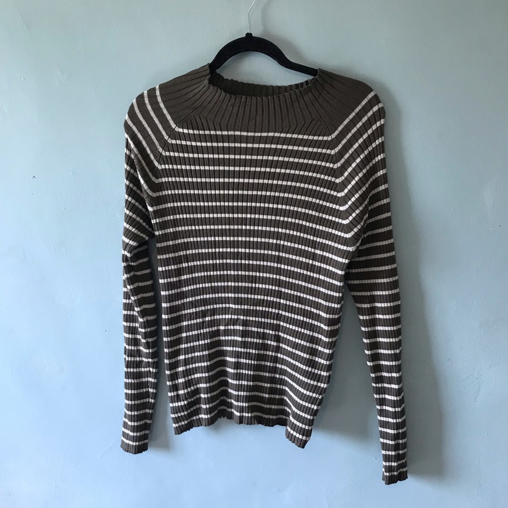 Striped Ribbed Knit Sweater in Olive and White